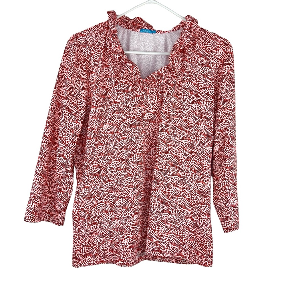 J. McLaughlin Catalina Red and White Printed Ruffle Neck Blouse XL FITS LIKE L
